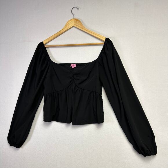 Feminine Romantic Modern Black Long Sleeve Puffed Sleeve Crop Top - Picture 2 of 11